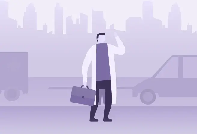 Illustration of a professional with a briefcase in an urban setting, promoting Xeropan's flexible language solutions for businesses and institutions.