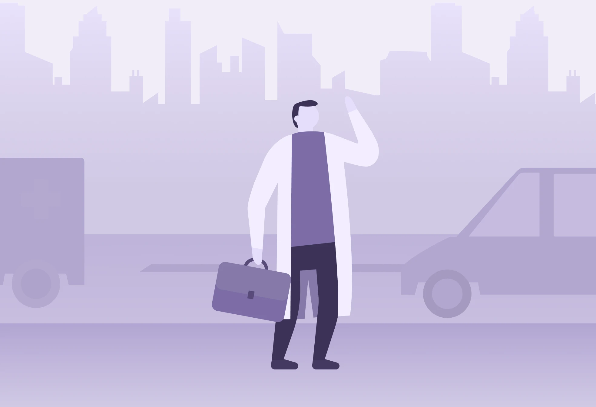 Illustration of a professional with a briefcase in an urban setting, promoting Xeropan's flexible language solutions for businesses and institutions.