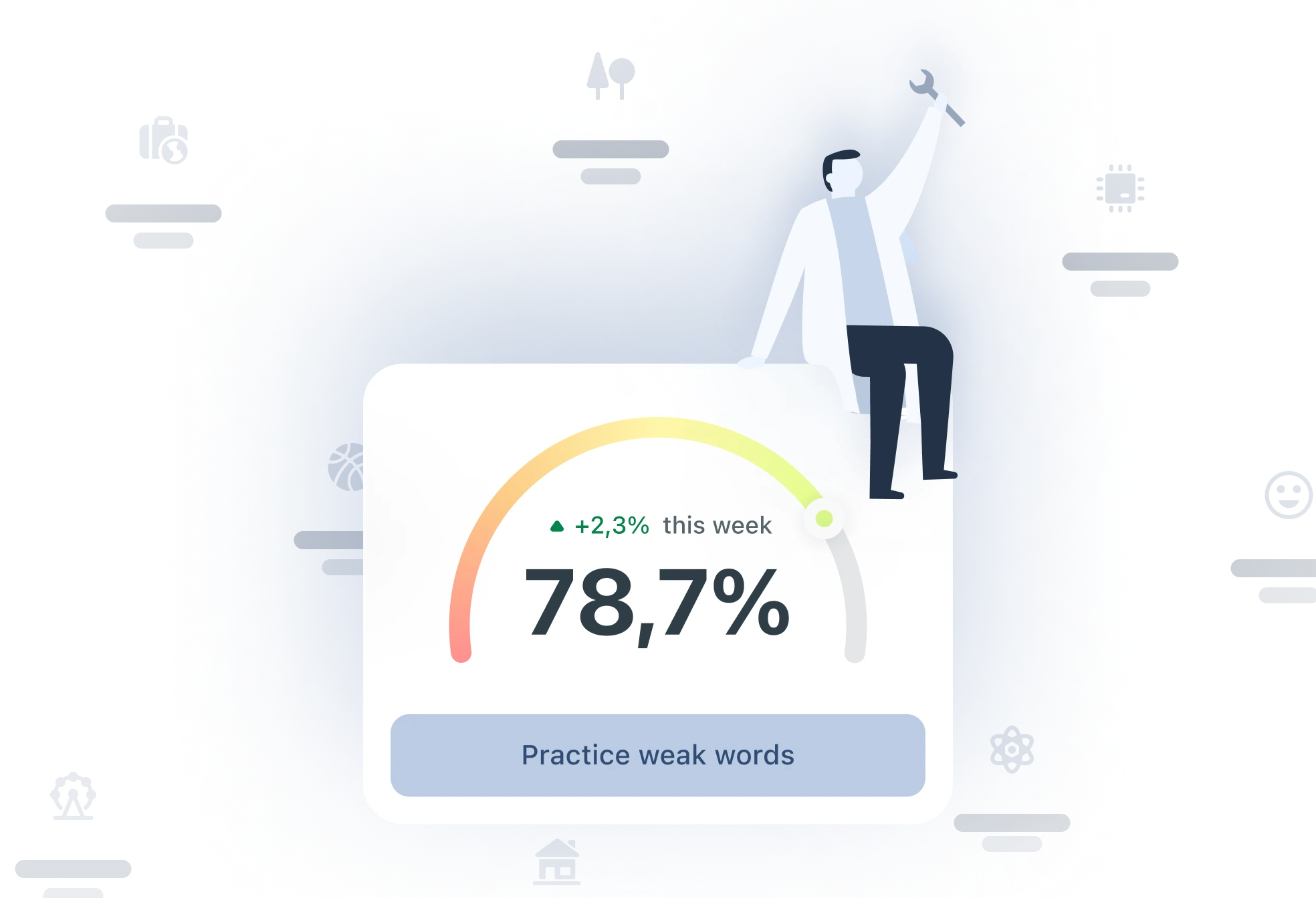 Diagram showing vocabulary improvement, with a button for practicing weak words and statistics on strong words