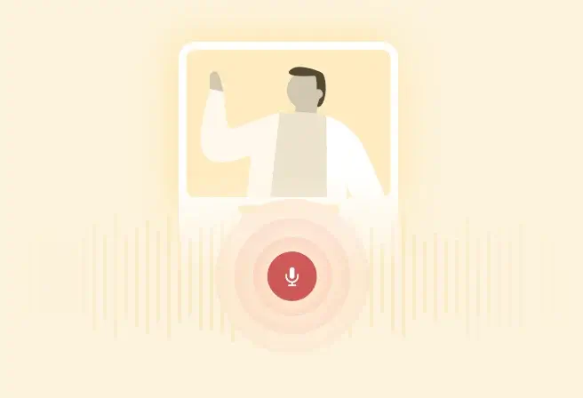 Illustration promoting speech practice with the assistance of artificial intelligence, featuring a microphone and waveform visuals.