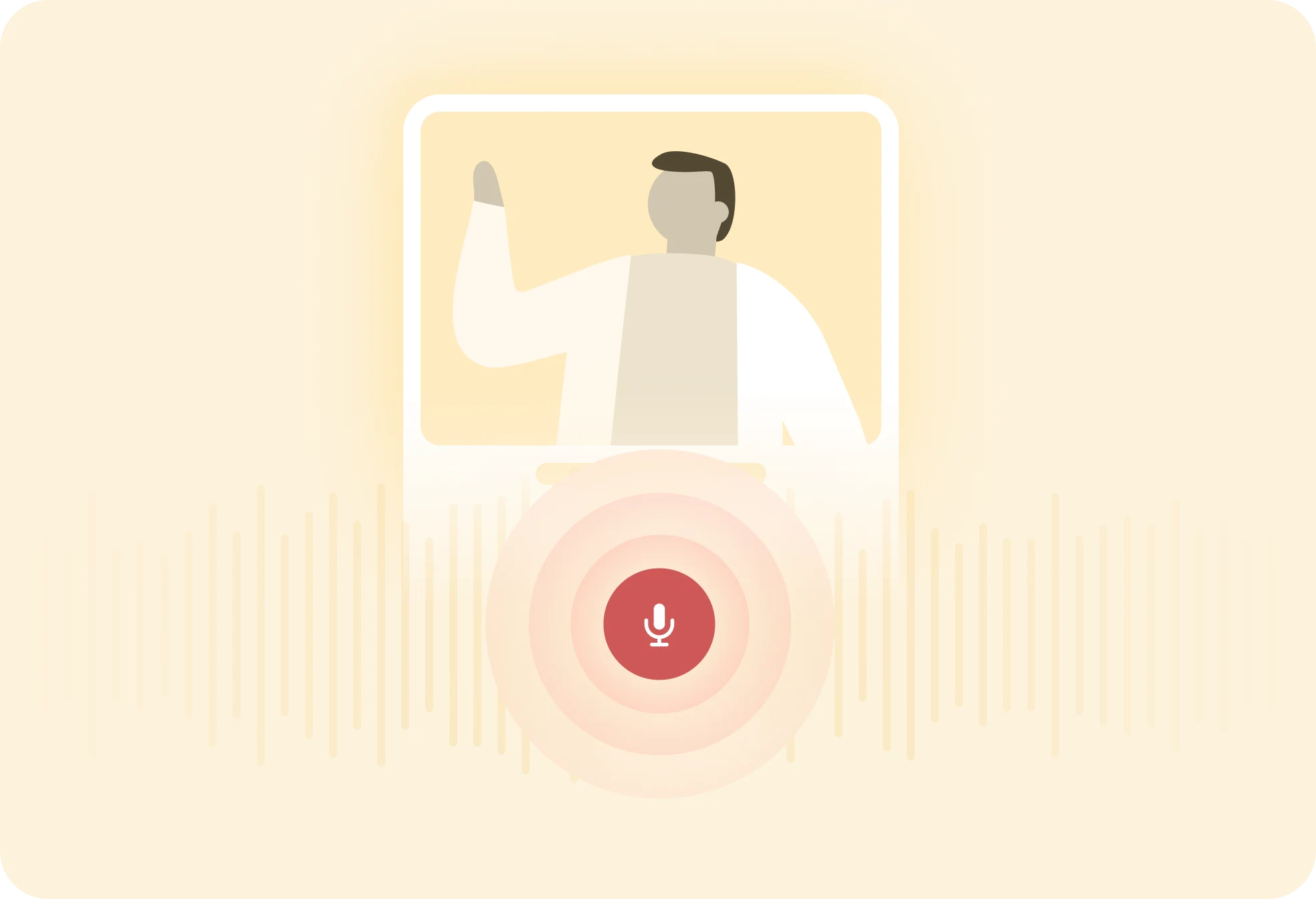 Illustration promoting speech practice with the assistance of artificial intelligence, featuring a microphone and waveform visuals.