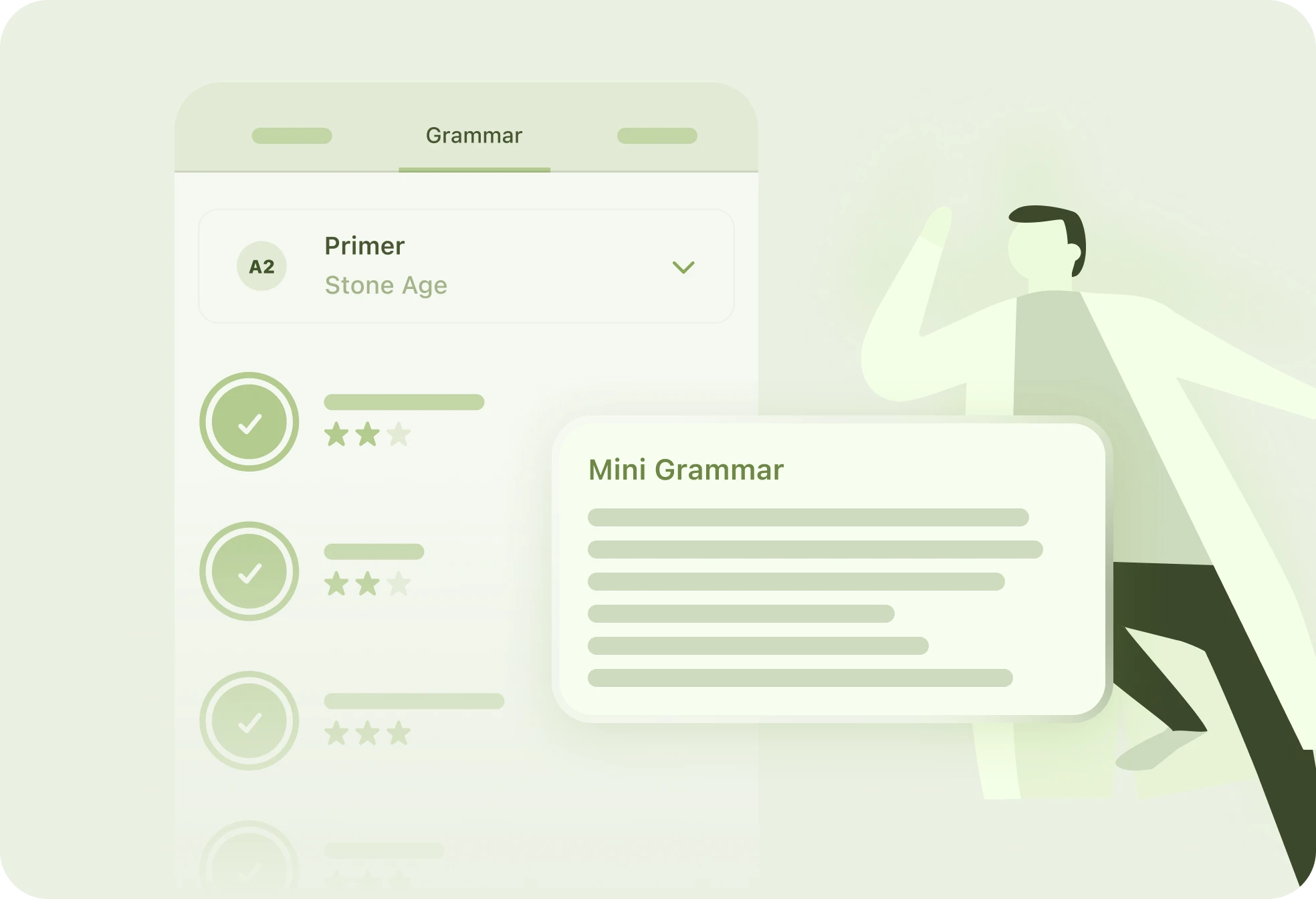 Grammar section: Covers rules from basic to advanced levels, featuring interactive lessons and mini grammar tips.