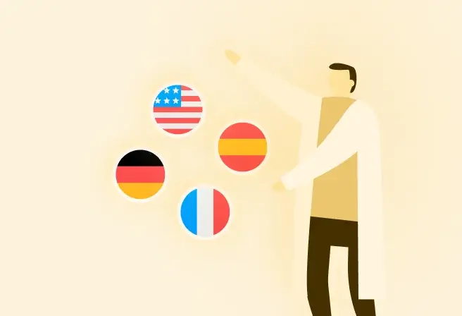 Illustration highlighting free language learning options for public education students in English, German, Spanish, and French, regardless of their school's chosen language.