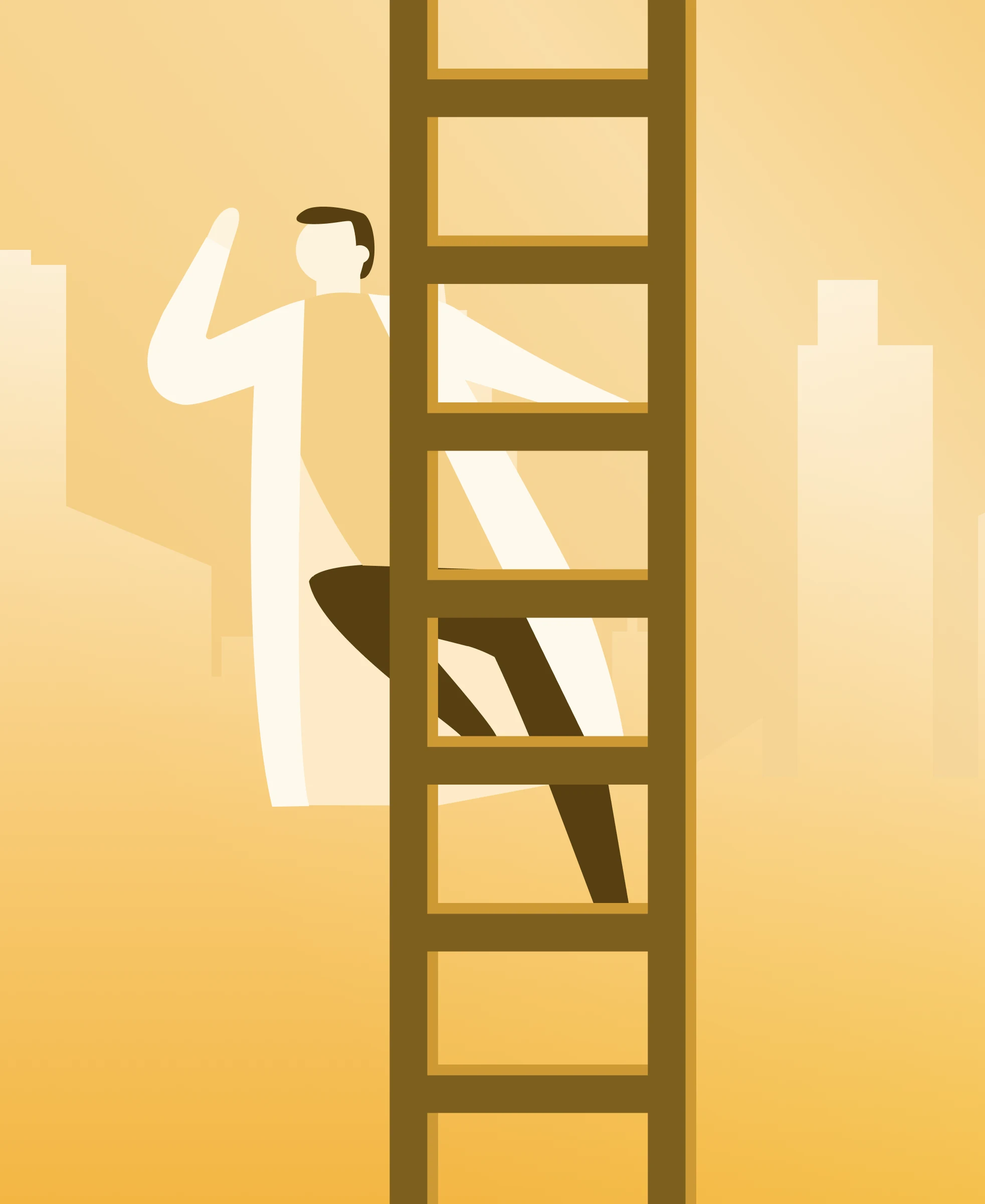 Man climbing a ladder on a yellow background, showcasing Xeropan PRO benefits: unlimited learning, ad-free use, specialized courses, and fast support.